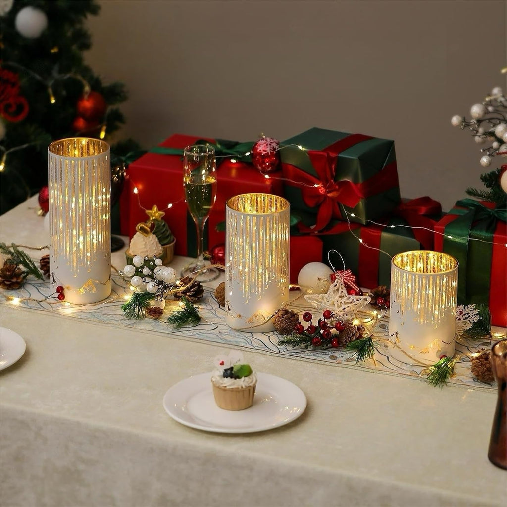 Starry Night Hurricane Candleholders with Warm LED Lights & Remote Timer, Elegant Twinkling Decorative Centerpieces for Wedding, Dining Table, Living Room, Mantel Décor, Set of 3 (White)