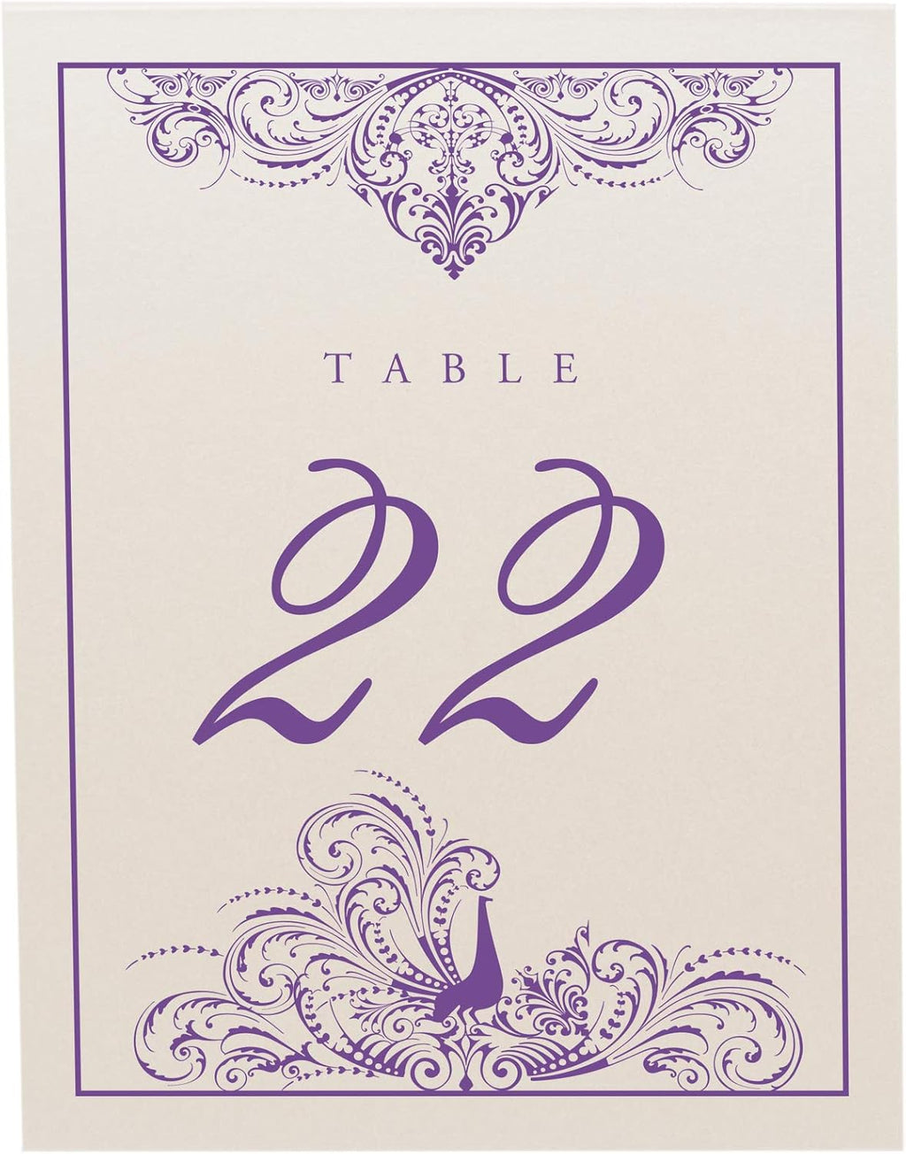 Peacock Flourish Table Numbers, Purple, 1-90 | Double Sided Tent or For Use in a Stand - Wedding Receptions, Special Events, Parties, and Restaurants - Made in the USA