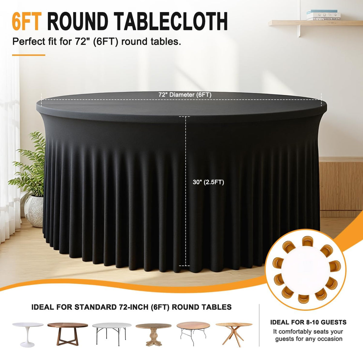 4 Pack 132 Inch Black Round Tablecloth, Fitted Tablecloths for 6FT Round Tabl...