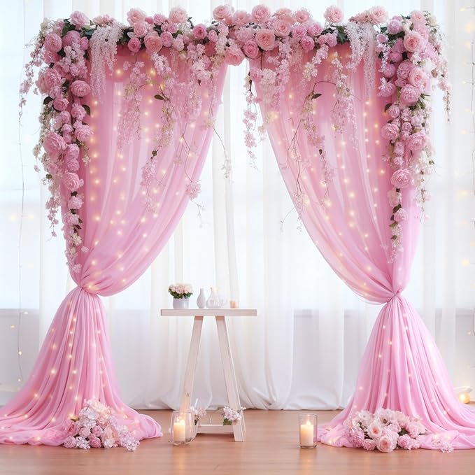 10x10ft Pink Chiffon Backdrop Curtain with Lights for Wedding Parties Baby Shower, Pink Sheer Backdrop Curtains for Girls Birthday Party Bridal Shower Photo Shoot Decor (5×10ft, 2 Panels)