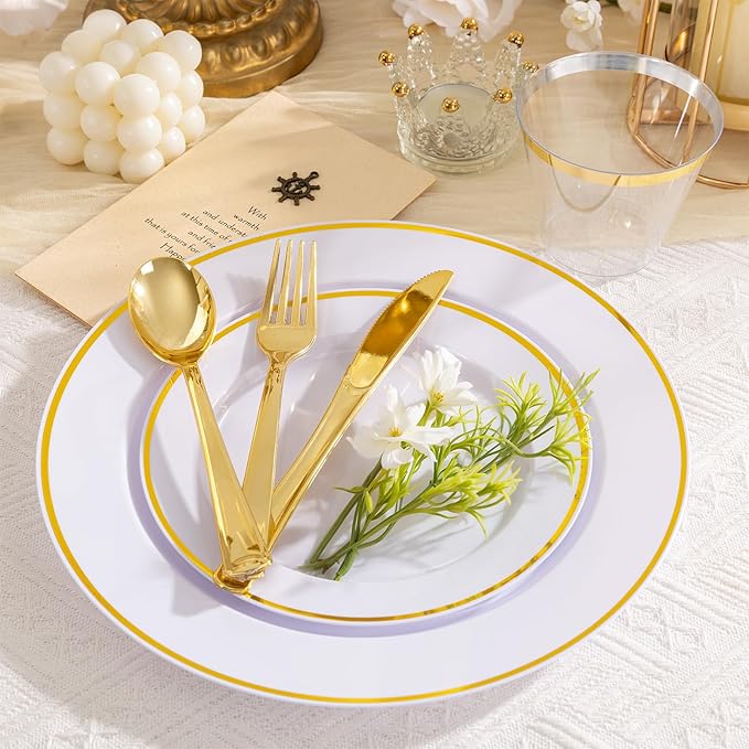 SUT 350 Pcs Gold and White Plastic Dinnerware Set for 50 Guests, Include: 50 Dinner Plates, 50 Dessert Plates, 50 Pre Rolled Napkins With Silverware, 50 Cups, Disposable Plates for Party, Wedding