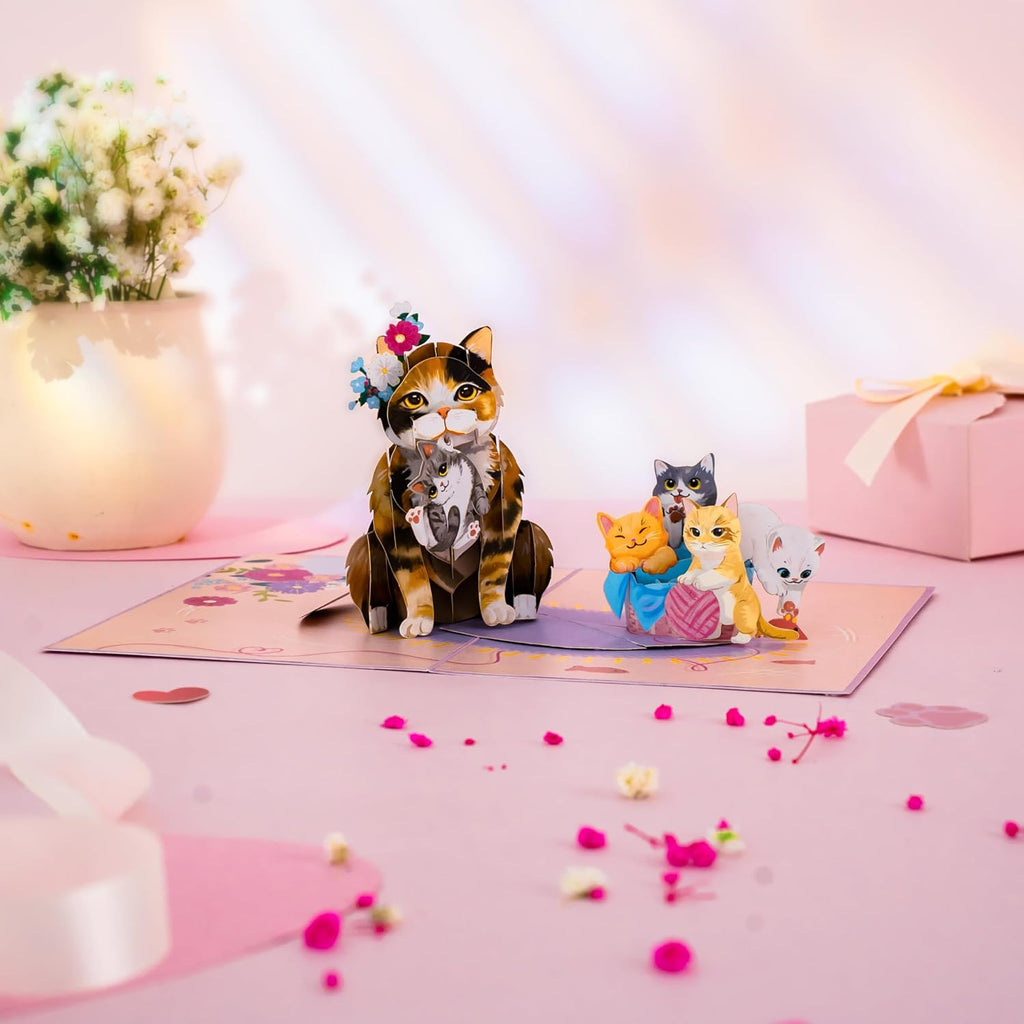 POPWOW Cat Mom Pop Up Card, Love You Mom, Kittens, 3D Popup Greeting Card, Gift For Mothers Day, Birthday, Valentines Day, Mother, Stepmom, Mother in Law, 5x7 - Includes Envelope And Message Note