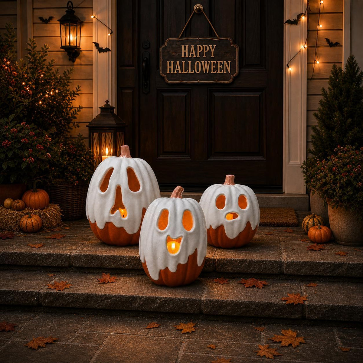 Halloween Decorations - 9.45" H Resin Ghost Pumpkin with Flameless Candl...