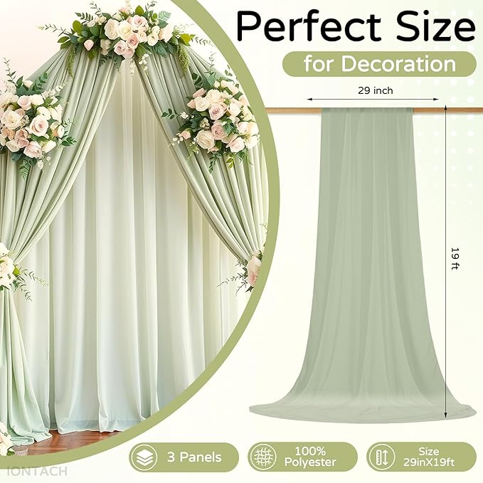 Wedding Arch Draping Fabric 29" x 19Ft Sheer Drapes for Backdrop Wedding Ceremony Reception Ceiling Decor Curtain Baby Bridal Shower Decoration (Sage Green, 3 Panels)