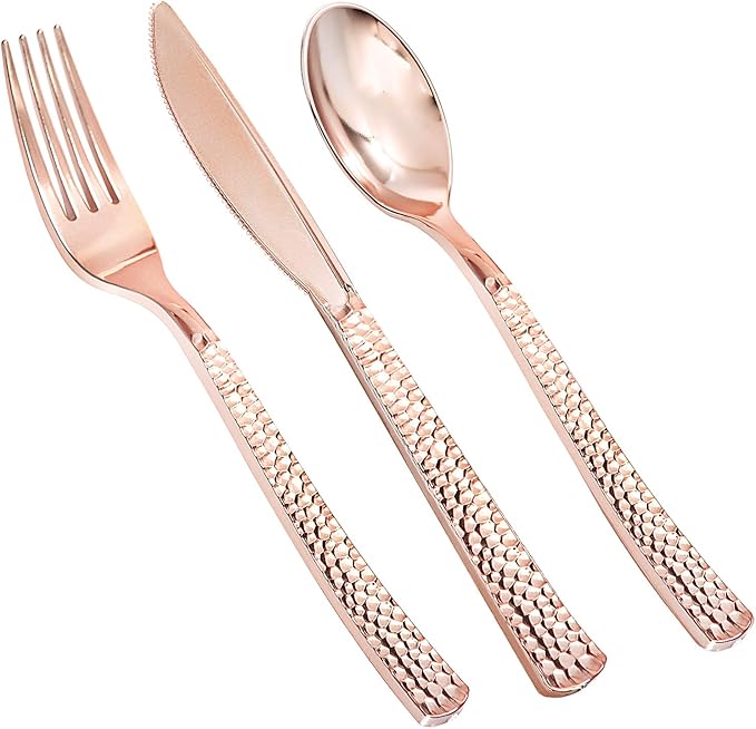 Supernal 180pcs Rose Gold Plastic Silverware Heavy Duty Plastic Forks and Spoons, Rose Gold Disposable Silverware Sets Include 60 Forks, 60 Knives and 60 Spoons Suitable for Wedding, Party, Birthday