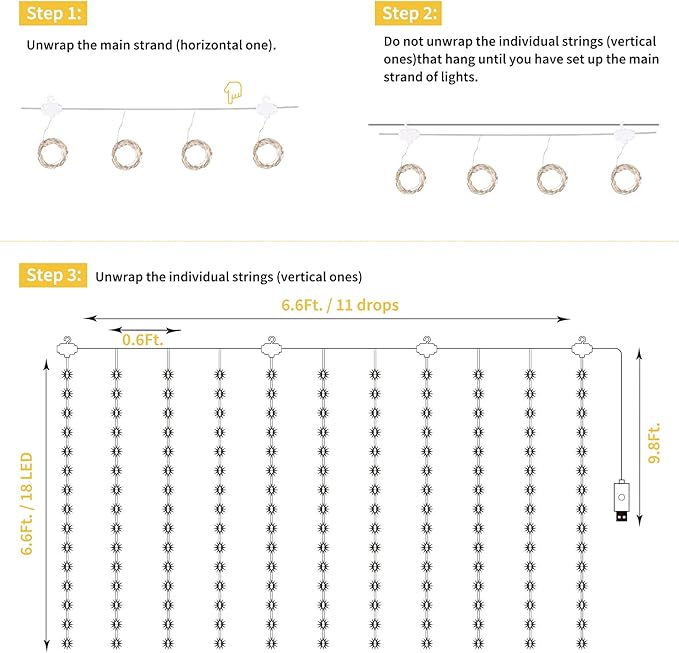 Curtain String Lights - 198 LED Window Light with Remote and Hooks, Fairy Lights with 8 Lighting Modes, USB Hanging Lights for Wedding, Party, Indoor Decorations