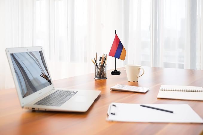 Armenia Armenian Deluxe Desk Flag Set Small Mini Miniature Armenia Armenian Table Desktop Flags With Solid Pole, Black Base and Spear Top(2 Pack)