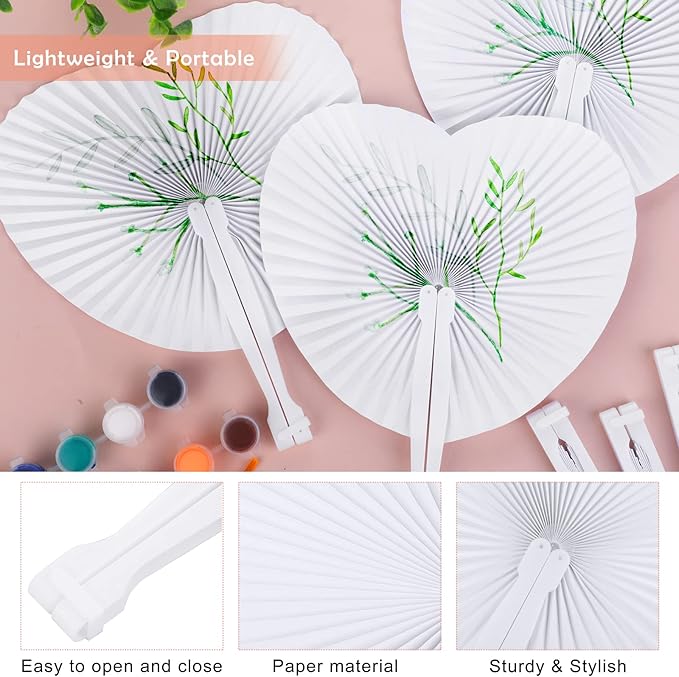 Aodaer 100 Pack Heart Shaped Folding Fans White Paper Fans Handheld Fans with Plastic Handles for Party, Wedding, Anniversary Decoration