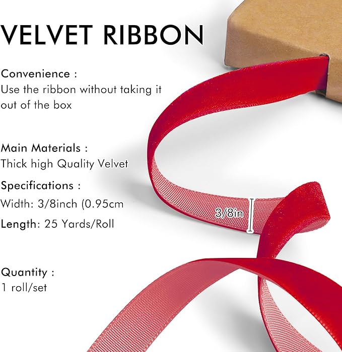 Red Velvet Ribbon 3/8'' 25 Yards for Christmas Tree, Gift Wrapping, Flower Bouquet, Wreath Decorations, Bow Making
