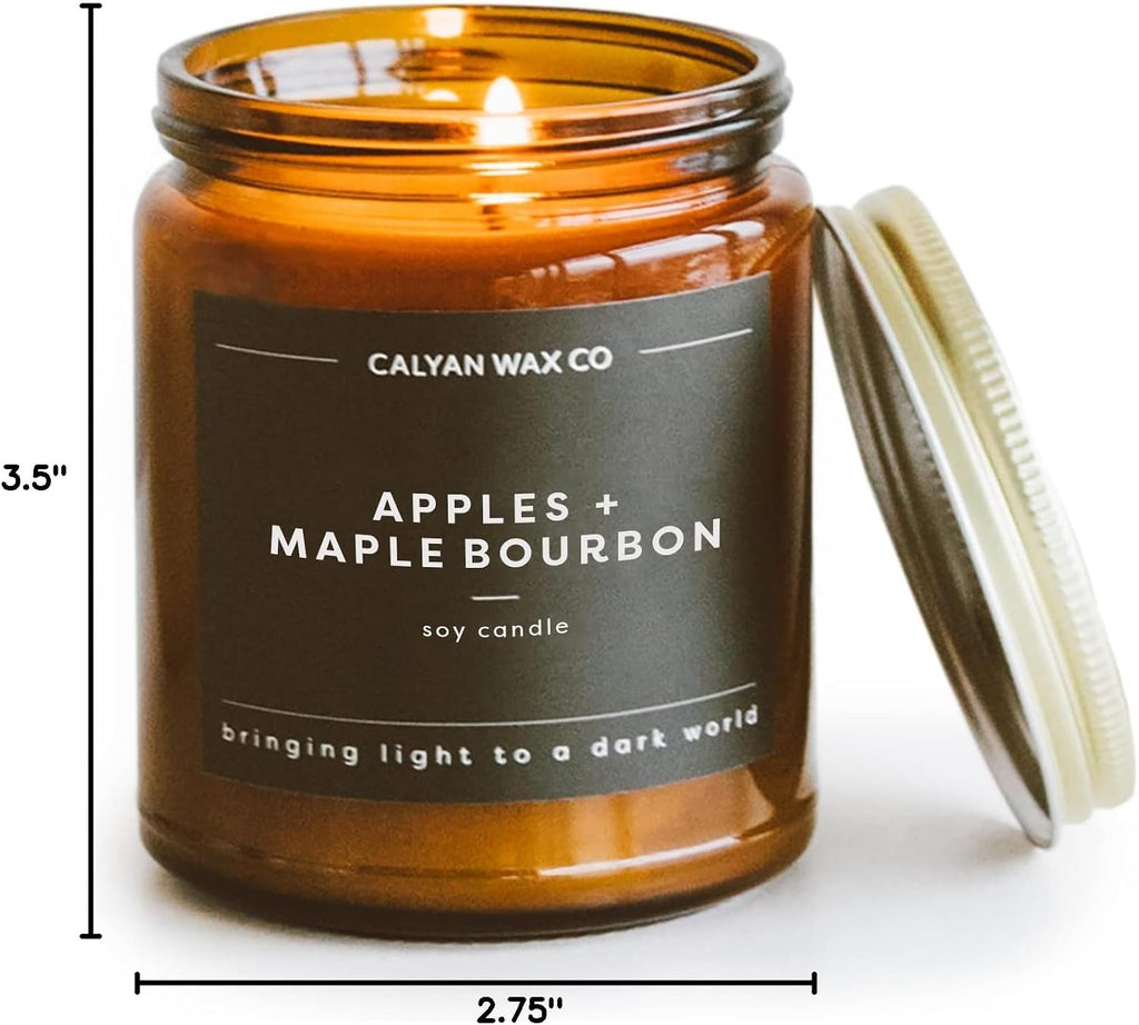 Calyan Wax Co. Apples & Maple Bourbon Scented Candle - 57 Hour Burn - Luxury Clean Soy Wax Candles - Long Lasting Amber Glass Jar Candle for Home - 7.2oz