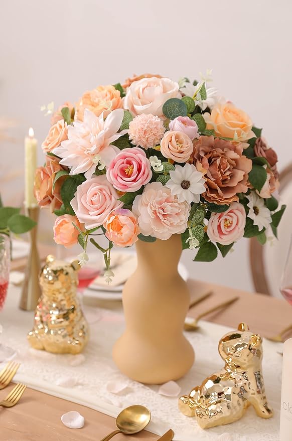 SERRAFLORA Artificial Flowers Combo Box Set Faux Flowers Bulk Flower Leaf with Stems for DIY Wedding Bouquets Centerpieces Baby Shower Party Home Decorations(Champagne Pink)