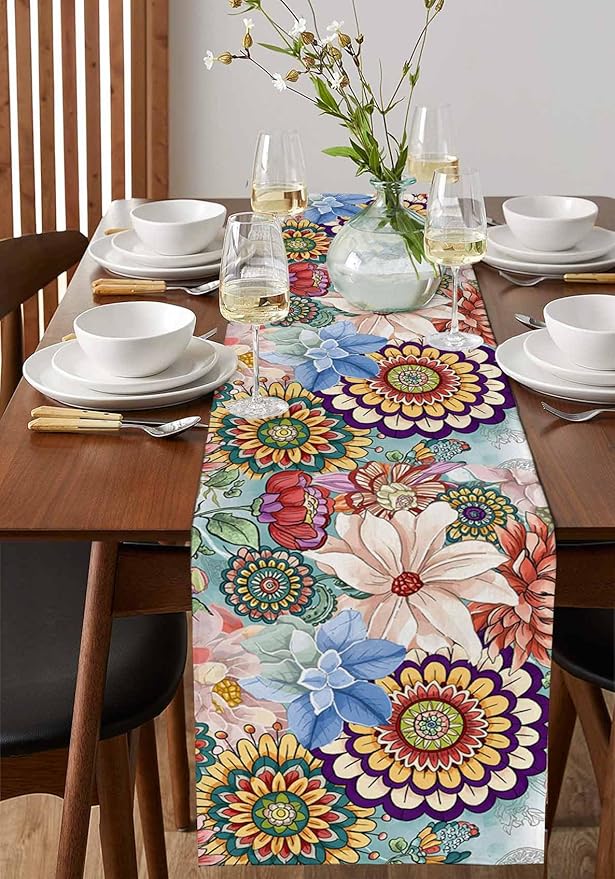 Boho Flowers Cotton Linen Table Runner for Dining Kitchen, Wedding Outdoor Party Tablerunners Decoration, Colorful Floral Farm Vintage Botanical Dresser Scarf Coffee Tablecloth Runners 13x36 Inches