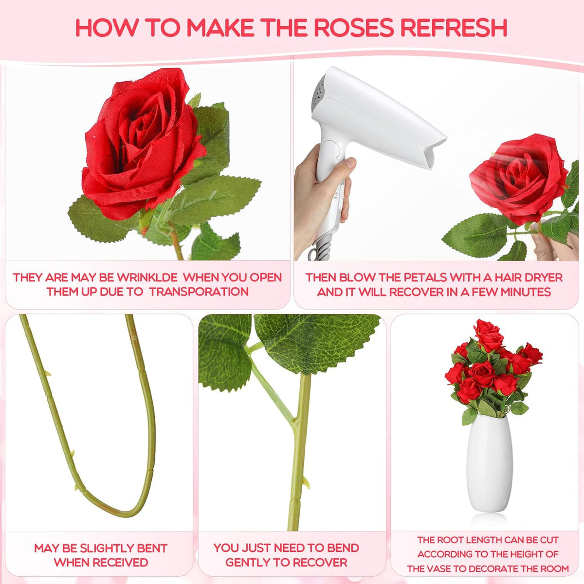 Jexine 100 Pcs Artificial Roses Flowers Bulk, Red