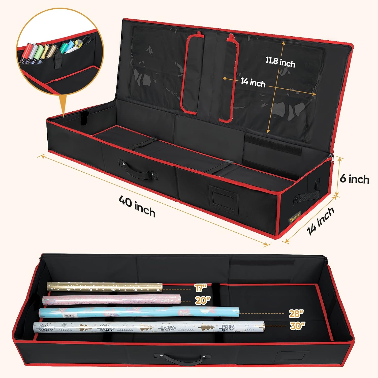 BALEINE Wrapping Paper Storage Organizer, 40" Durable 600D Oxford Fabric Gift Wrap Storage Bag with Flexible Partitions for Ribbon, Holiday Accessories (Black/Red)