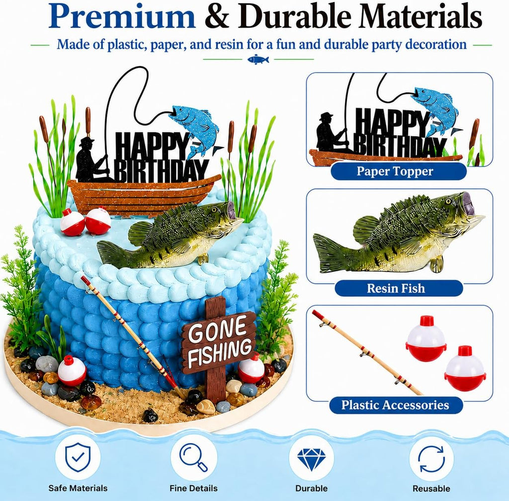 Fishing Cake Topper, Gone Fishing Cake Topper With Bass Reed For Fisherman Themed Decoration And Retirement Party Supplies