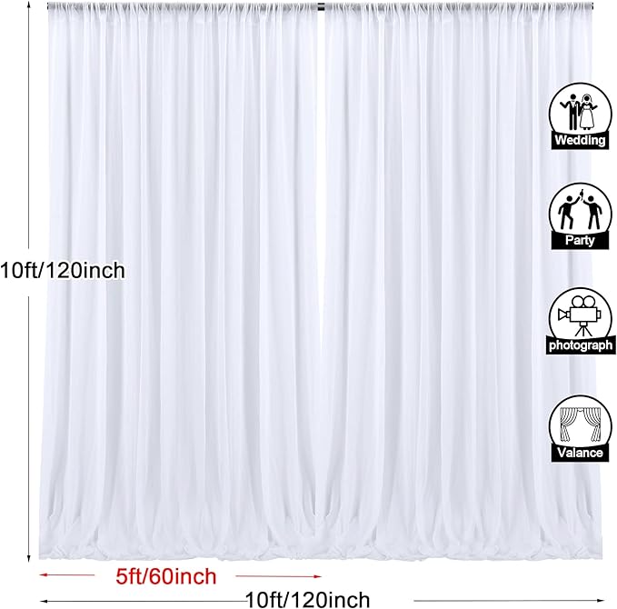 PARTISKY 10x10ft White Chiffon Sheer Backdrop Curtains (2 Panels 5x10ft Each) -Wrinkle-Free Drapes for Wedding, Birthday Party & Photography Stage Decor