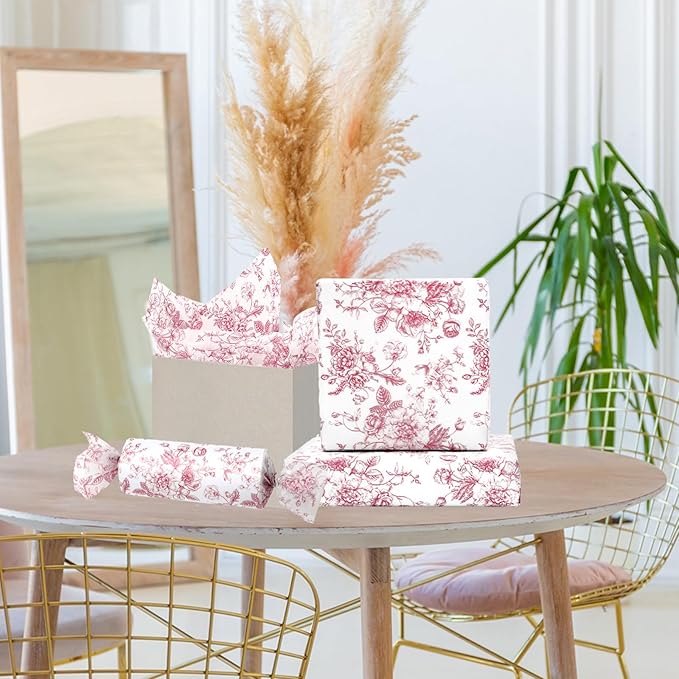 JarThenaAMCS 100 Sheets Floral Tissue Paper Rose Gold Flower Gift Wrapping Paper Vintage Decorative Art Paper for Home Party DIY Crafts Supplies, 14 x 20 Inch