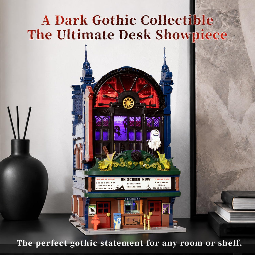 pantasy ghost cinema building set with integrated led on a desk or shelf