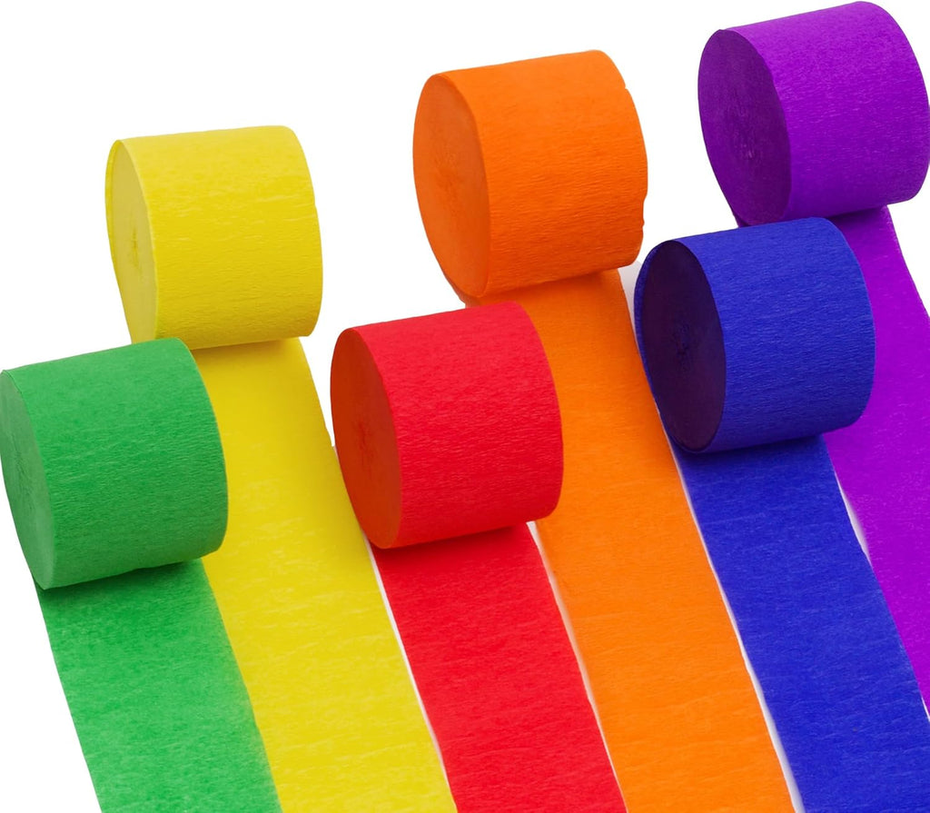 6 Rolls 492ft Rainbow Crepe Paper Streamers, 6 Colors Pack of Paper Party Streamers for Colorful Party Decorations, Birthday Decorations, Wedding Decorations (1.8 Inch x 82 Ft/Roll)