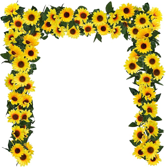 Uieke 3 Pack Artificial Sunflower Garland, 7.5ft/Strand Silk Sunflowers Hanging Vines Flowers with Green Leaves for Room Kitchen Garden Birthday Wedding Baby Shower Party Table Decor Large