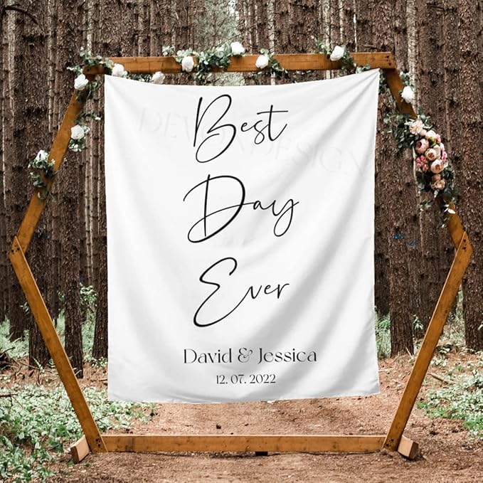 Best Day Ever Backdrop - Custom Tapestry with Names & Date, Personalized Calligraphy Banner for Ceremony & Reception, Rustic Wedding Sign