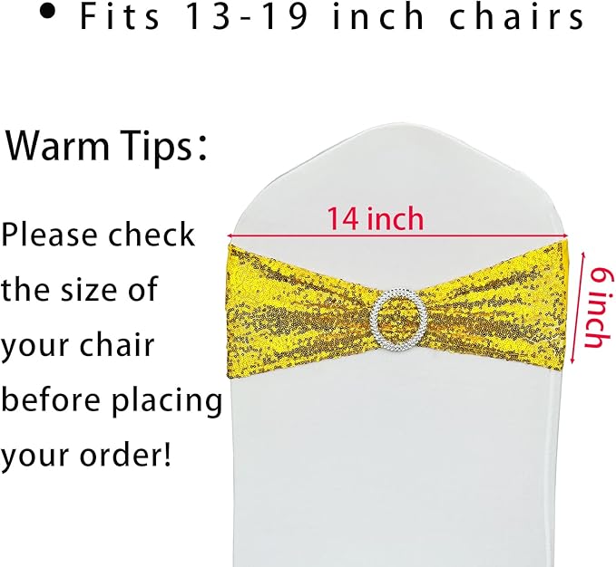 50 Pcs Sequin Chair Sashes Stretch Chair Bands Spandex Polyester Bows for Party Hotel Wedding Banquets Decoration -Gold
