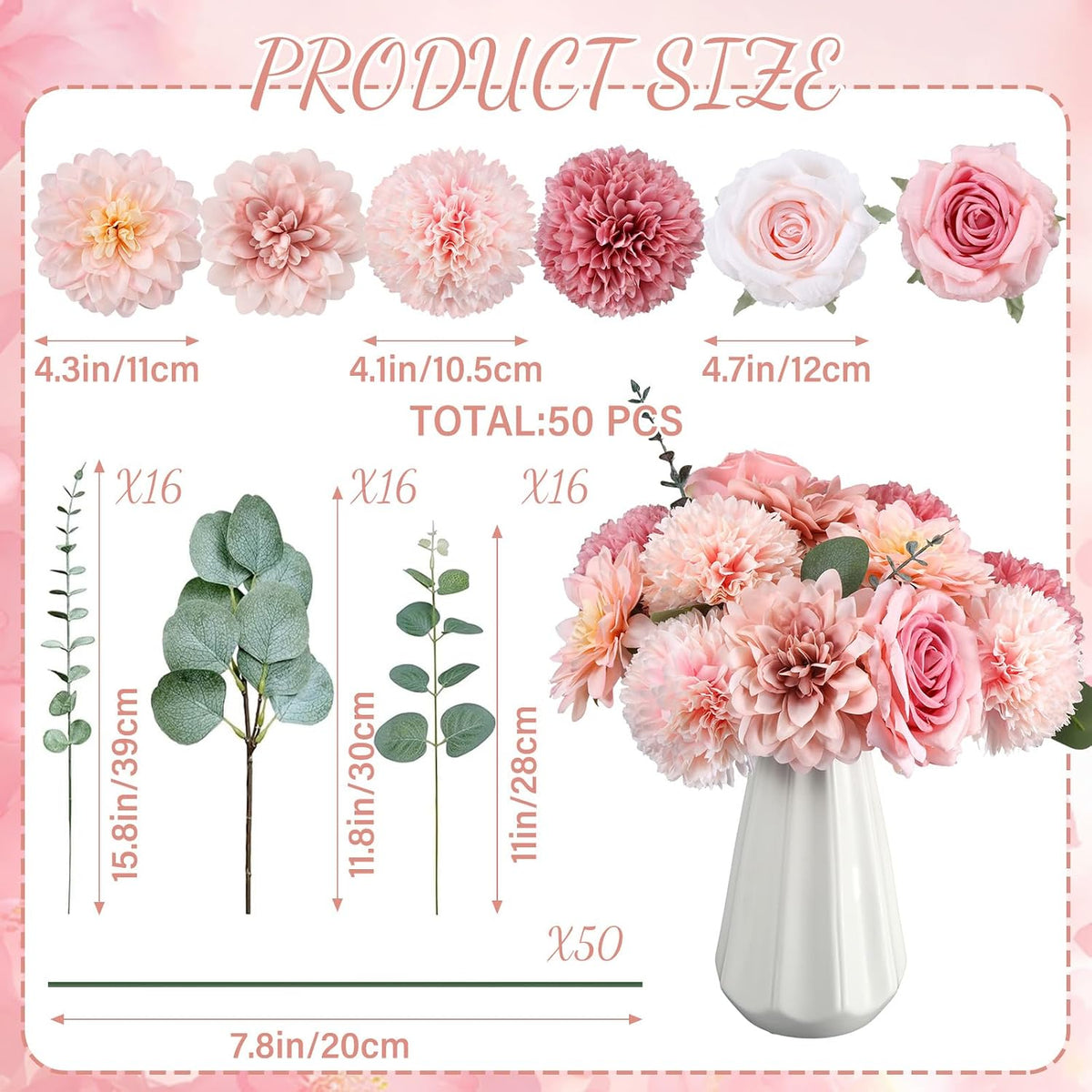 suncalla 98pcs artificial flowers with stems, pink color shown in use