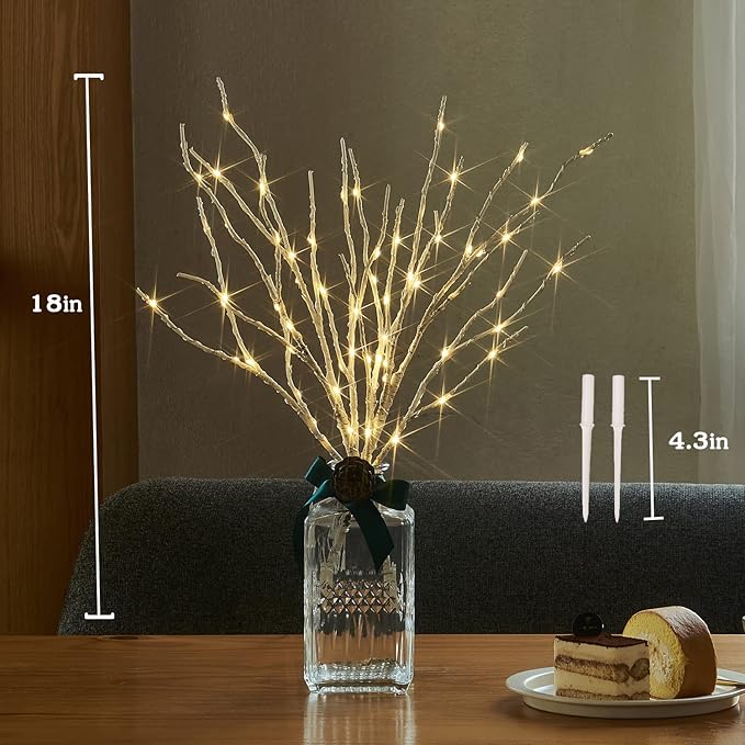 BAOLITVINE Lighted Birch Branches with Timer 70 Fairy Lights 18IN, Twig Lights for Indoor Outdoor Home Christmas Wedding Vase Decorations