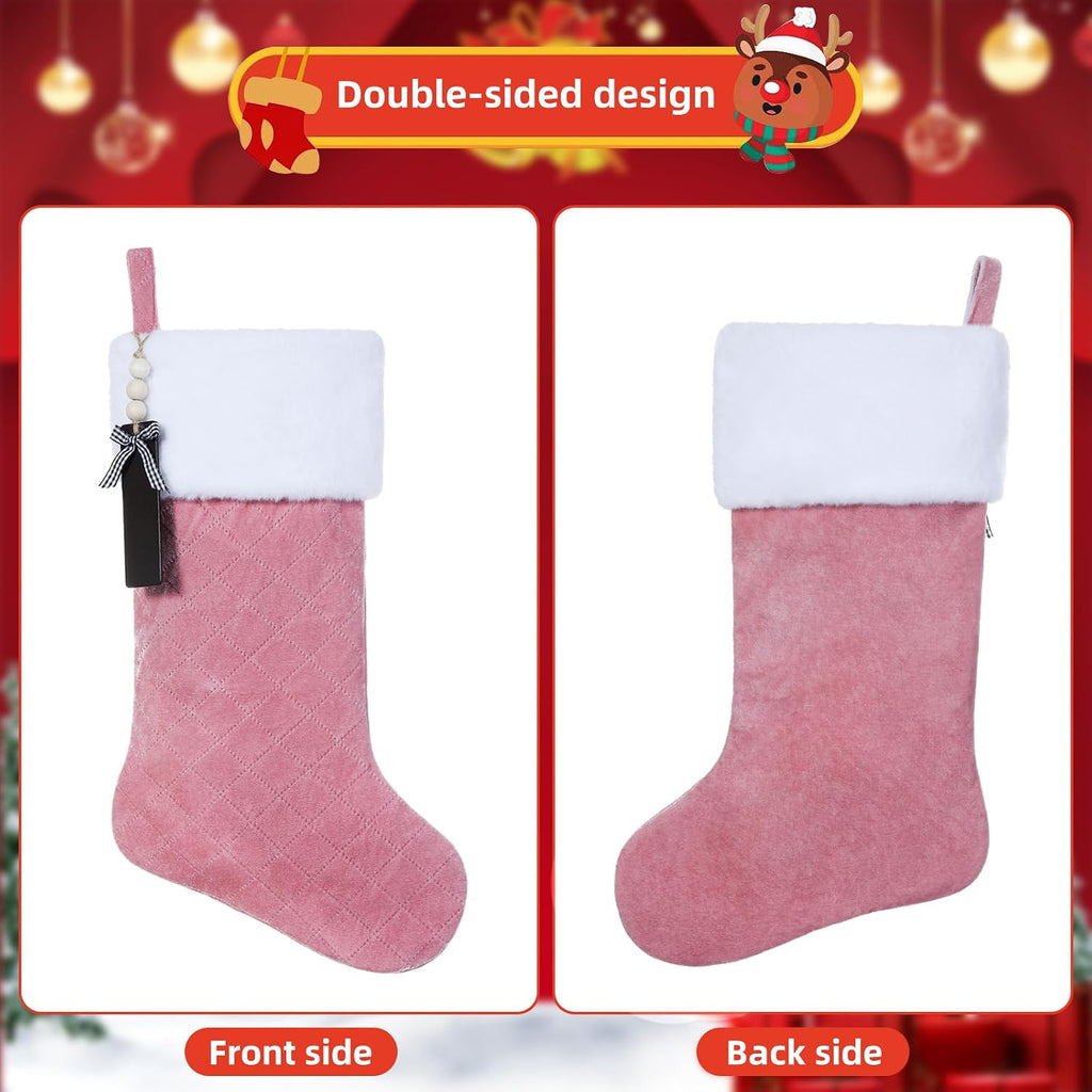 Pink Velvet Quilted Personalized Christmas Stocking,19.5 Inch Fireplace Hanging Stockings with Blank Wooden Tags DIY Name,Family Holiday Decorations and Xmas Gift- 6Pcs