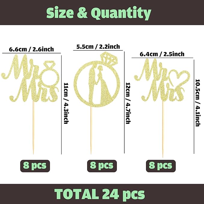 Sotpot 24PCS Miss to Mrs Cupcake Toppers with Ring Gold Glitter for Wedding Bridal Shower Wedding Engagement Party Cake Decorations