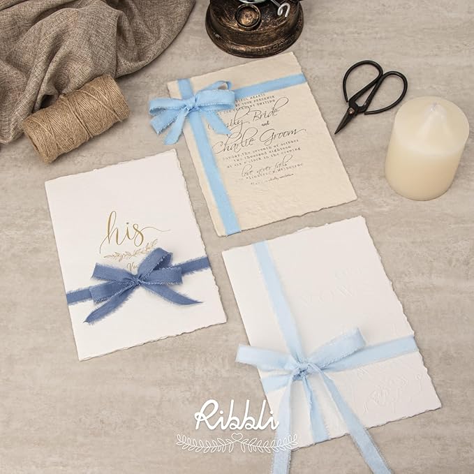 Ribbli 3 Rolls Blue Ribbon 5/8 Inch x 18Yards Light Blue Baby Blue Dusty Blue Handmade Cotton Frayed Fringe Ribbons for Gift Wrapping Wedding Invites Bridal Bouquets Baby Shower DIY Crafts Home Decor