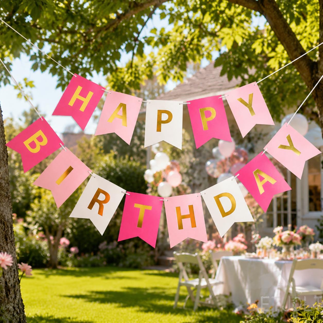 Letjolt Pink Rose White Happy Birthday Banner for Girls 13 Paper Flags | 13 flags with 2 satin ribbons easy indoor birthday decor for cake tables walls and photo backdrops