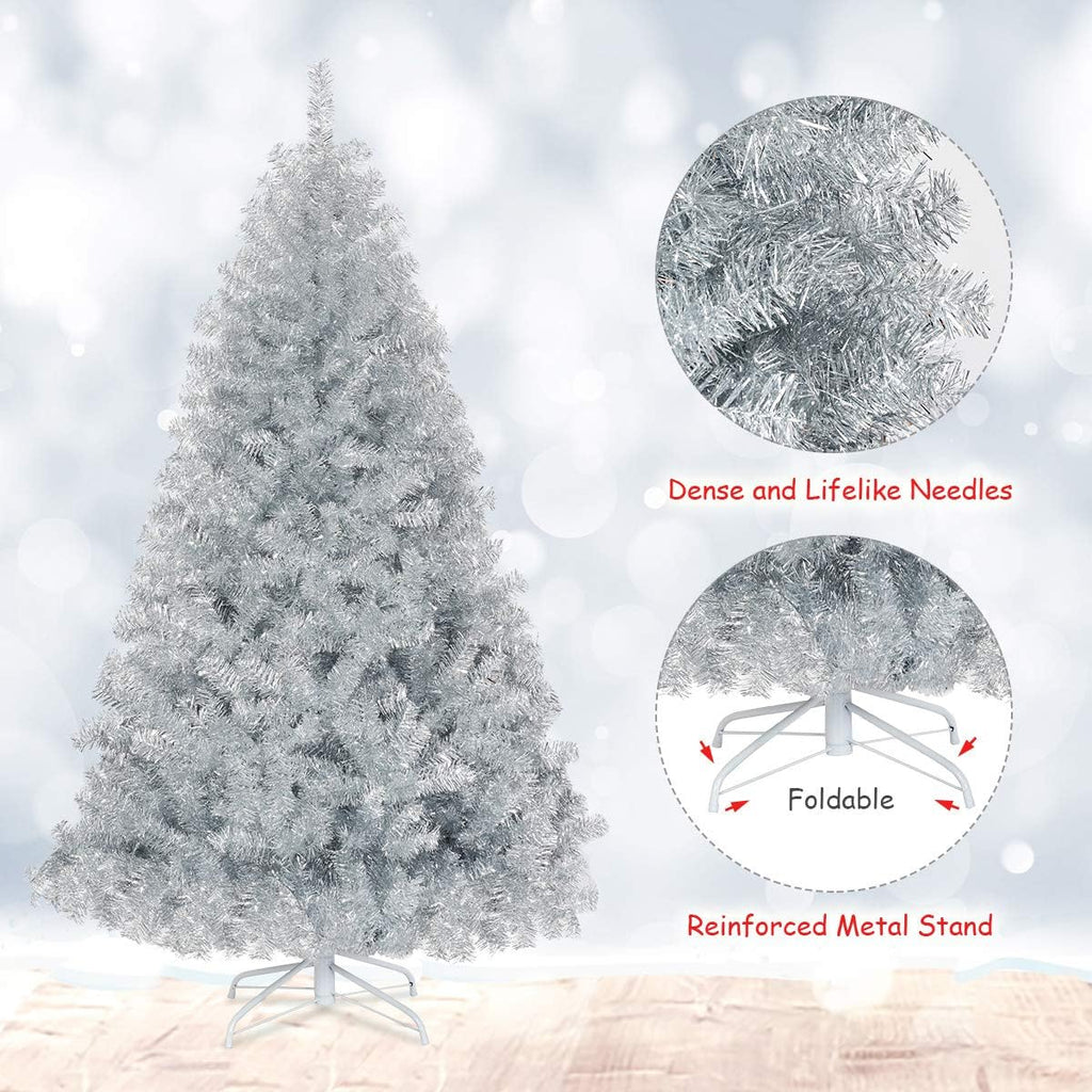 goplus 6ft sliver artificial christmas tree with electroplated, close-up detail