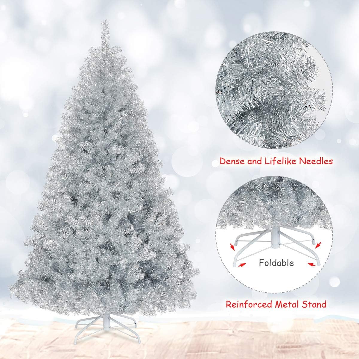 goplus 6ft sliver artificial christmas tree with electroplated, close-up detail