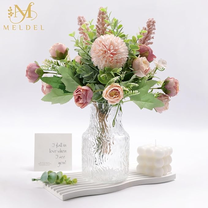 Meldel 3Pcs Rose Bouquet Pink Artificial Flowers Eucalyptus Plants Fake Silk Flower Arrangements Wedding Bouquets Decorations Plastic Floral Table Centerpieces for Home Kitchen Garden Party Decor