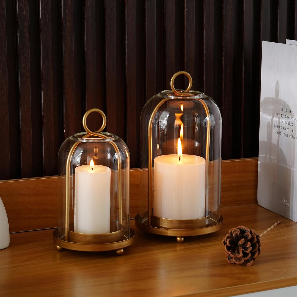 Glass Hurricane Candle Holder Decorative Gold Candle Lantern, Pillar Candlestick Holders Set of 2, Hanging Metal Holder Modern Table Centerpieces, Antique Brass