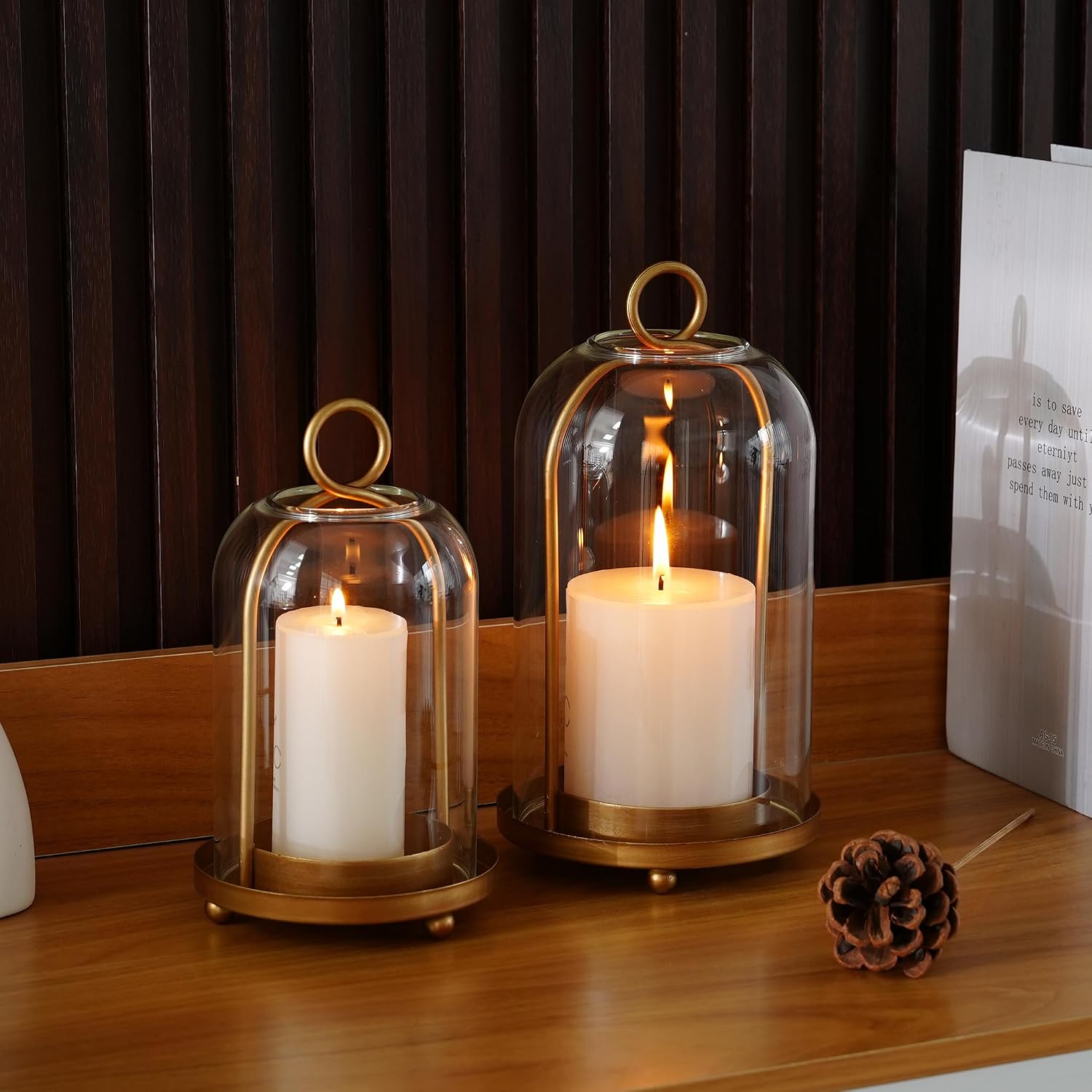 Glass Hurricane Candle Holder Decorative Gold Candle Lantern, Pillar Candlestick Holders Set of 2, Hanging Metal Holder Modern Table Centerpieces, Antique Brass