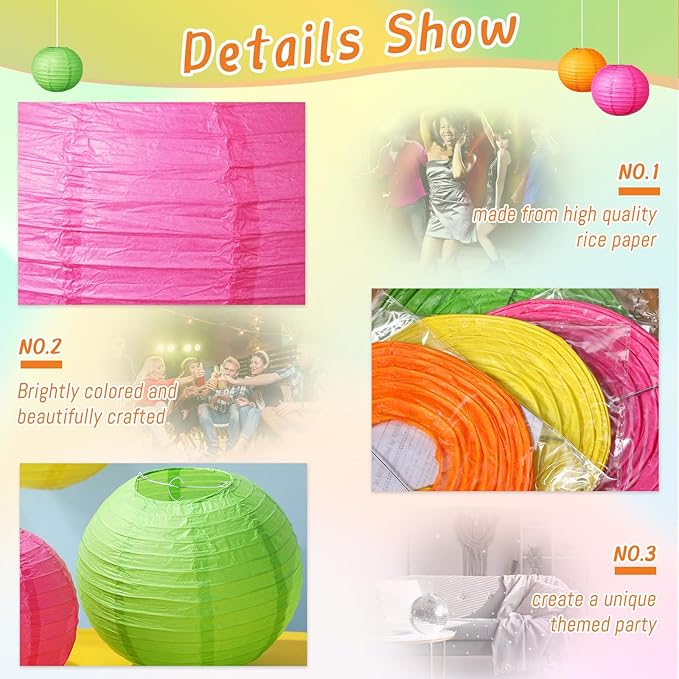 Riakrum 16 Pcs Neon Themed Paper Lanterns Birthday Party Decorations Mixed Size 6'' 8'' 10'' 12'' Colorful Chinese Hanging Paper Lanterns for Wedding Home Decorations Supplies
