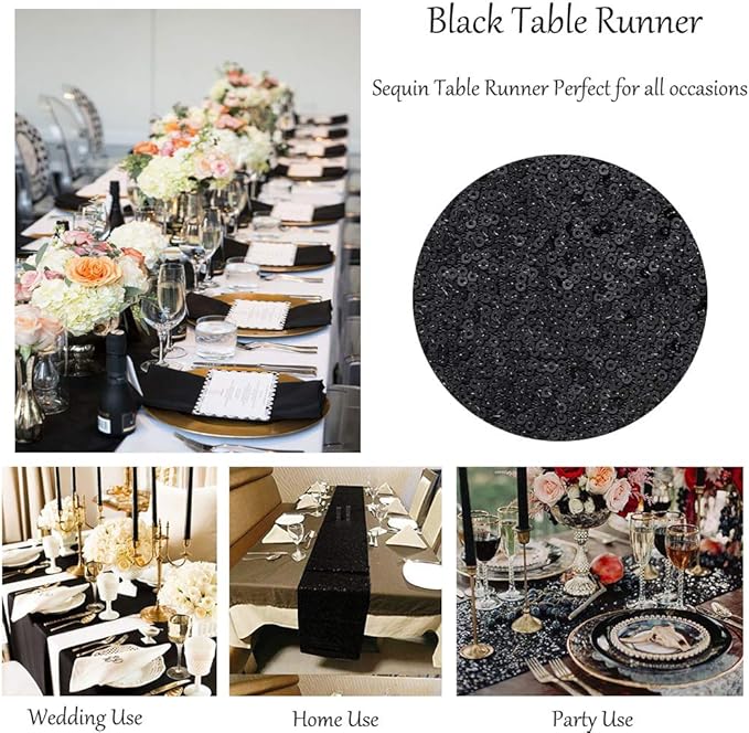 Sequin Table Runners 2 Pieces Black Table Runners 12x72Inch Glitter Dining Table Cover for Party Wedding Birthday Reception Banquet Decoration Halloween Party Chair Sashes