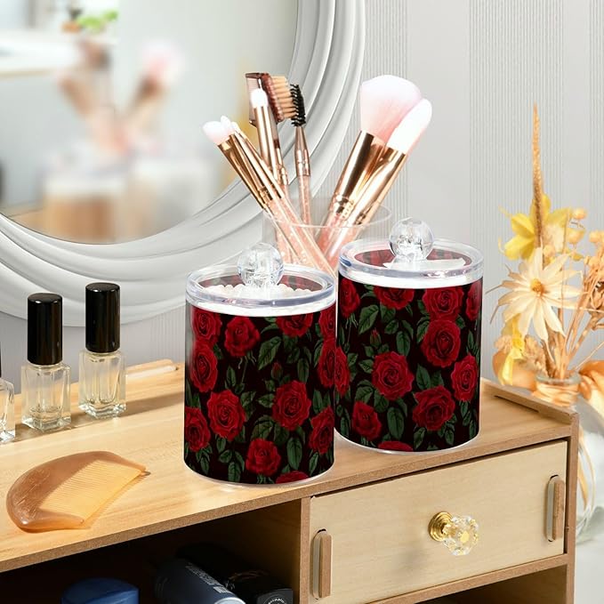 Gredecor Qtip Holder Dispenser 4 Pack Red Rose Flowers Leaves Apothecary Jars with Lids Bathroom Vanity Countertop Canister Storage Organizer for Cotton Ball,Swabs,Pads,Floss