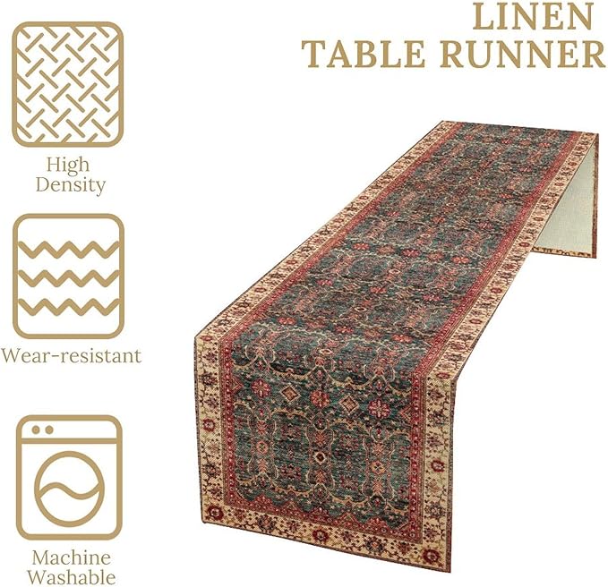 Vintage Boho Floral Table Runner, Rustic Country Farmhouse Red Teal Retro Flower Pattern for Home Kitchen Table Decor Dining Coffee Room Party Decor 13x108in
