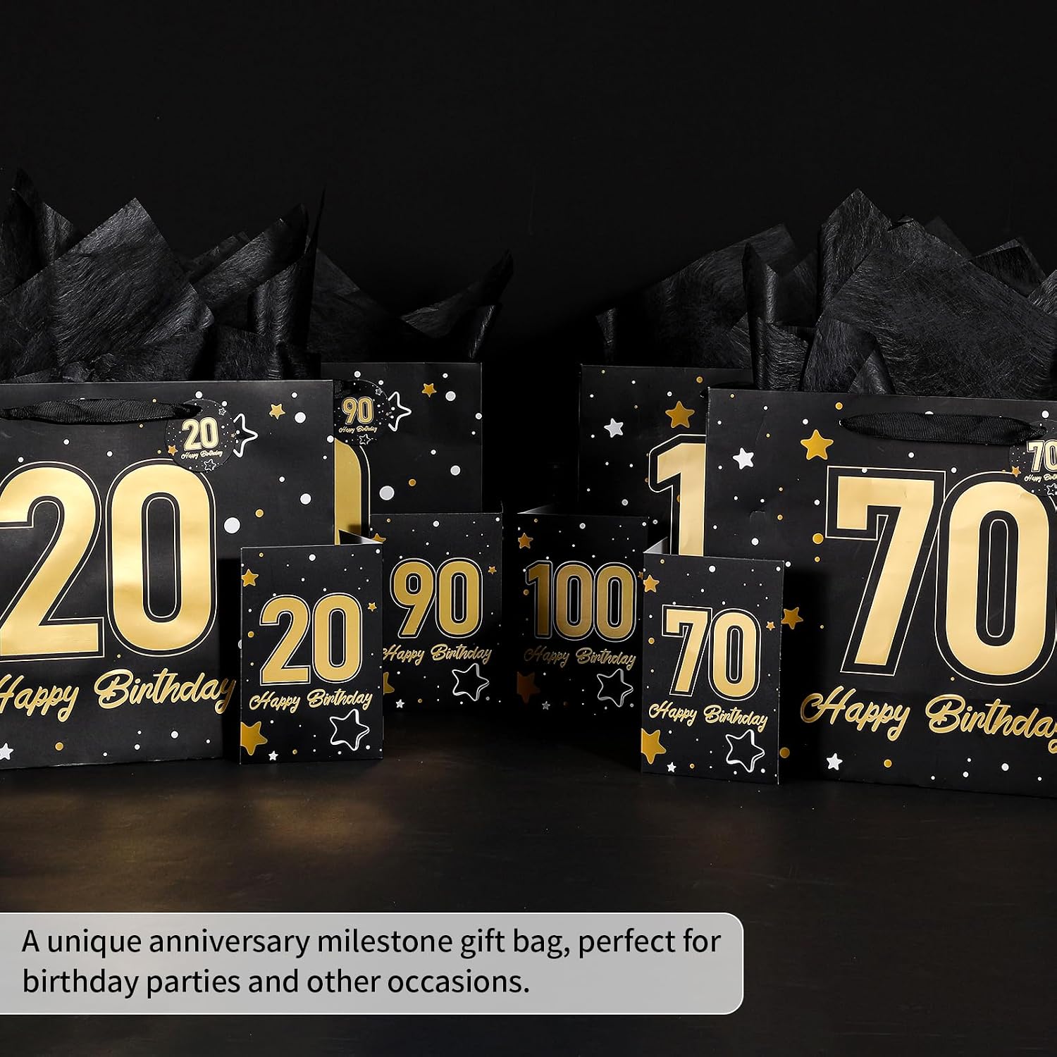 Powbrace 13" Black 70th Birthday Gift Bag with Tissue Paper and Greeting Card for Party,Happy Birthday Gift Bag for Men Women,Gift Bags Medium size(1 Black 70th)