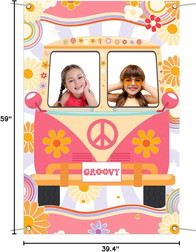 Hippie Photo Booth Props, Hippie Bus Prop Groovy Bus Photo Booth for 60'S 70'S Party, Hippie Party Decorations, Daisy Bus Photo Prop Two Groovy Birthday Decor, Groovy Photo Booth Frame - 59 × 39.4 in
