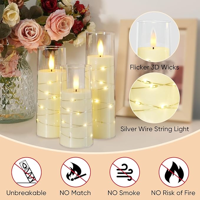 Raycare Flameless Candle with Remote Timer – 9 Flickering Acrylic Battery Operated LED Pillar Candles with Embedded Star String for Halloween, Home Decor, and as a Gift (Ivory)