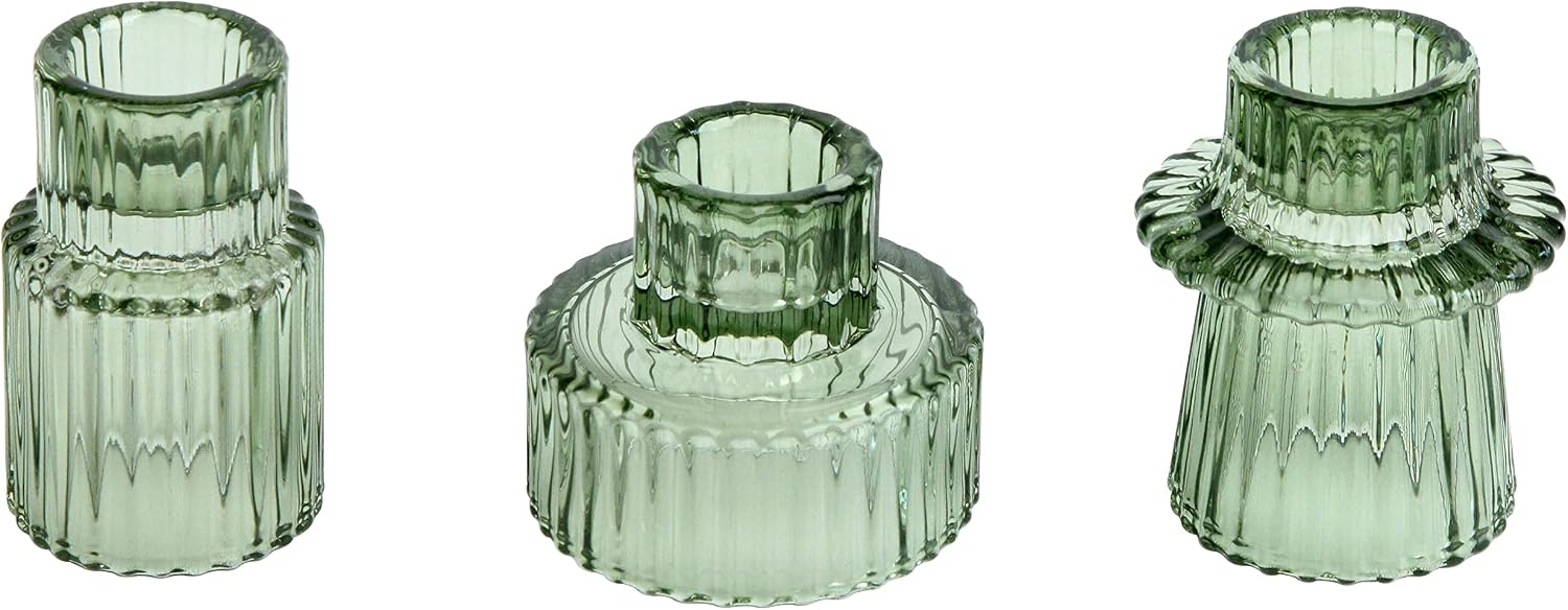 Vixdonos Taper Glass Candlestick Holders Tealight Candle Holders for Table Centerpieces, Wedding Decor and Dinner Party (3 Pcs, Green)