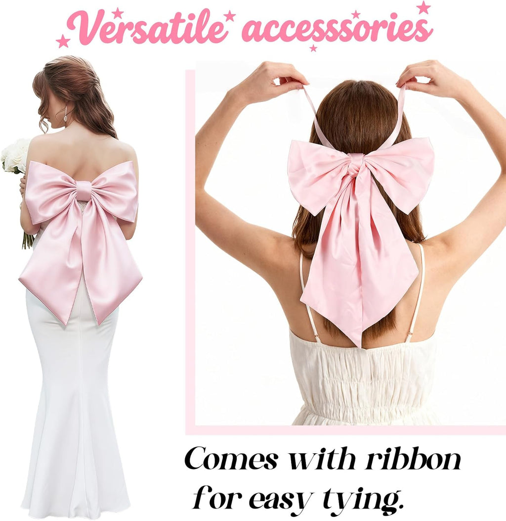 Big Pink Bow Coquette Room Decor, 23x11 Inch Satin Bows Large Pastel Pink Bows Birthday Decorations as Crib Skirt for Christmas Tree Topper Girl Room Xmas Gift Wrapping Bachelorette Baby Shower (3pcs)