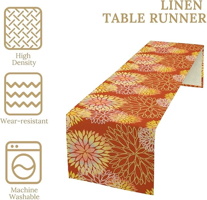 Yellow Floral Table Runner, Chrysanthemum Autumn Spring Summer Vintage Modern Linen Geometric Table Runner for Kitchen Living Room Bedroom Party Holiday, 13x90 Inch