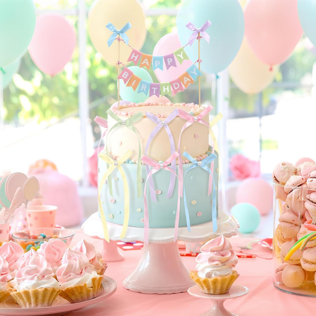 Honeydak 11 Pcs Pastel Bow Ribbon Cake Topper Happy Birthday Cake Bunting Topper with Wood Pole Handmade Pennant Flags with Bows Ribbon for Birthday, Bridal Party Decoration