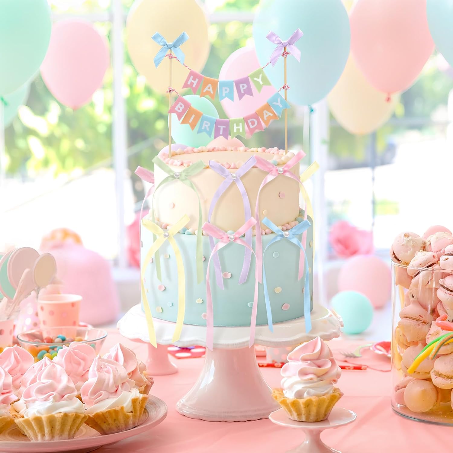 Honeydak 11 Pcs Pastel Bow Ribbon Cake Topper Happy Birthday Cake Bunting Topper with Wood Pole Handmade Pennant Flags with Bows Ribbon for Birthday, Bridal Party Decoration