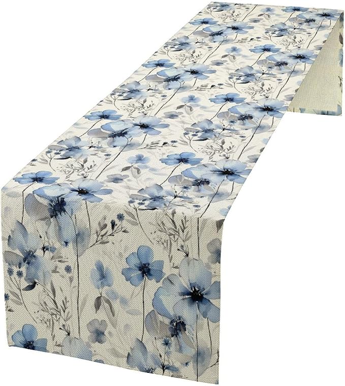 Watercolor Floral Table Runner, Blue Poppy Flower Seasonal Spring Summer Table Runner for Kitchen Dinning Table Runner Decor Home Wedding Party Holiday, 13x108 Inch